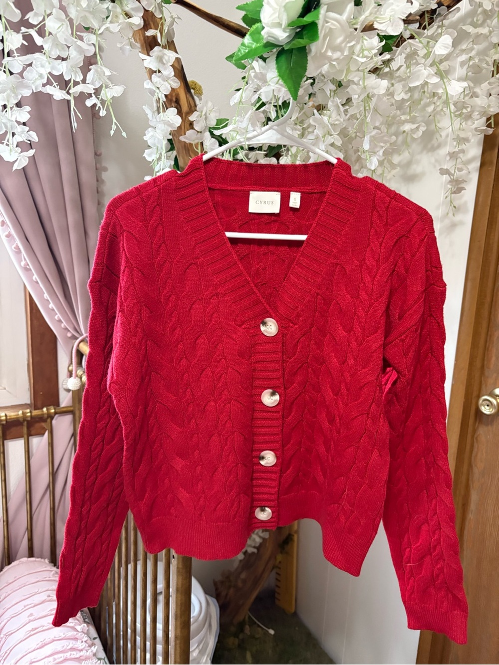 Cyrus Bright Red Cable-Knit Button Cardigan